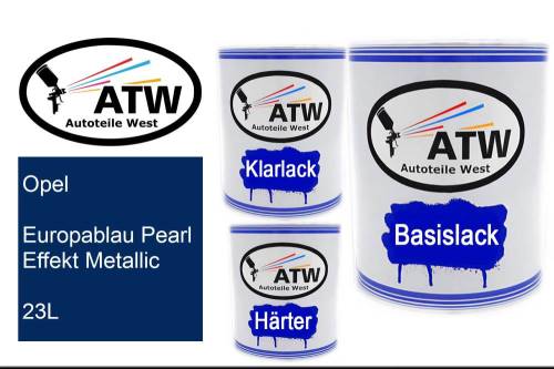 Opel, Europablau Pearl Effekt Metallic, 23L: 1L Lackdose + 1L Klarlack + 500ml Härter - Set, von ATW Autoteile West.